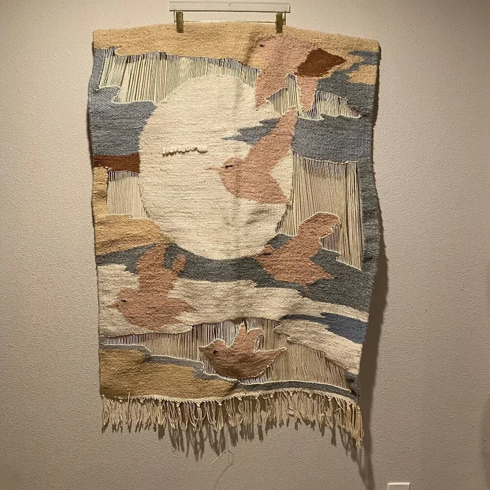 Vintage Wool Woven Bird‎ & Sun Tapestry Wall Art - 51x36 Handwoven